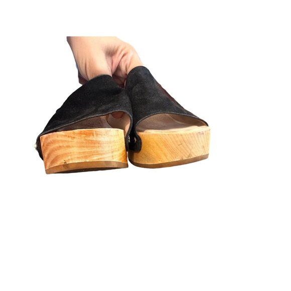 Veronica Beard Hannalee Suede Clogs Women 8 Black Wood Block Heel Platform Retro - Picture 11 of 14